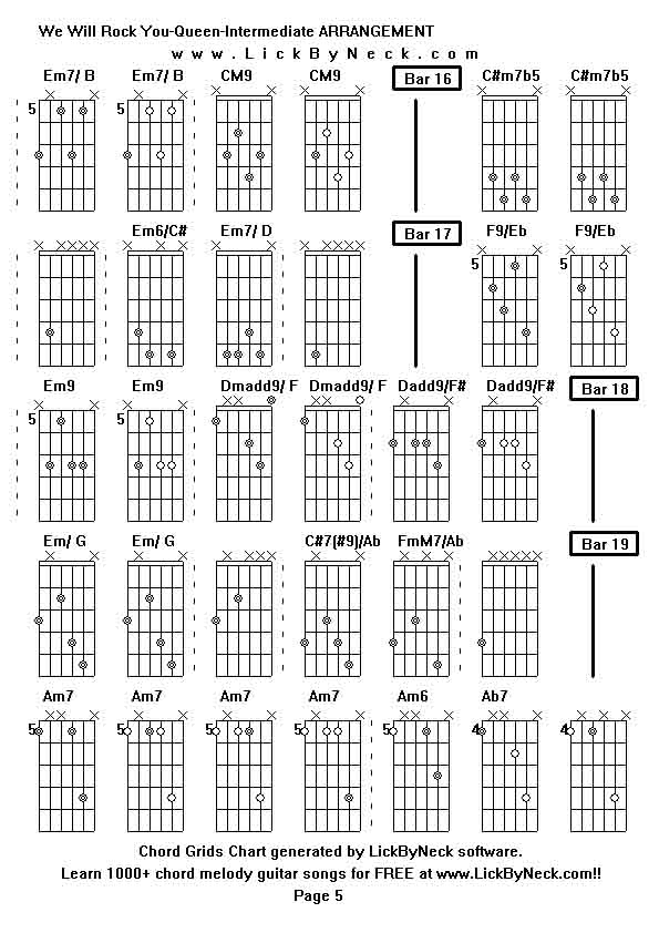 Chord Grids Chart of chord melody fingerstyle guitar song-We Will Rock You-Queen-Intermediate ARRANGEMENT,generated by LickByNeck software.